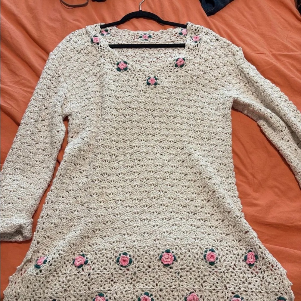Cream Crochet Dress with Pink Floral Accents